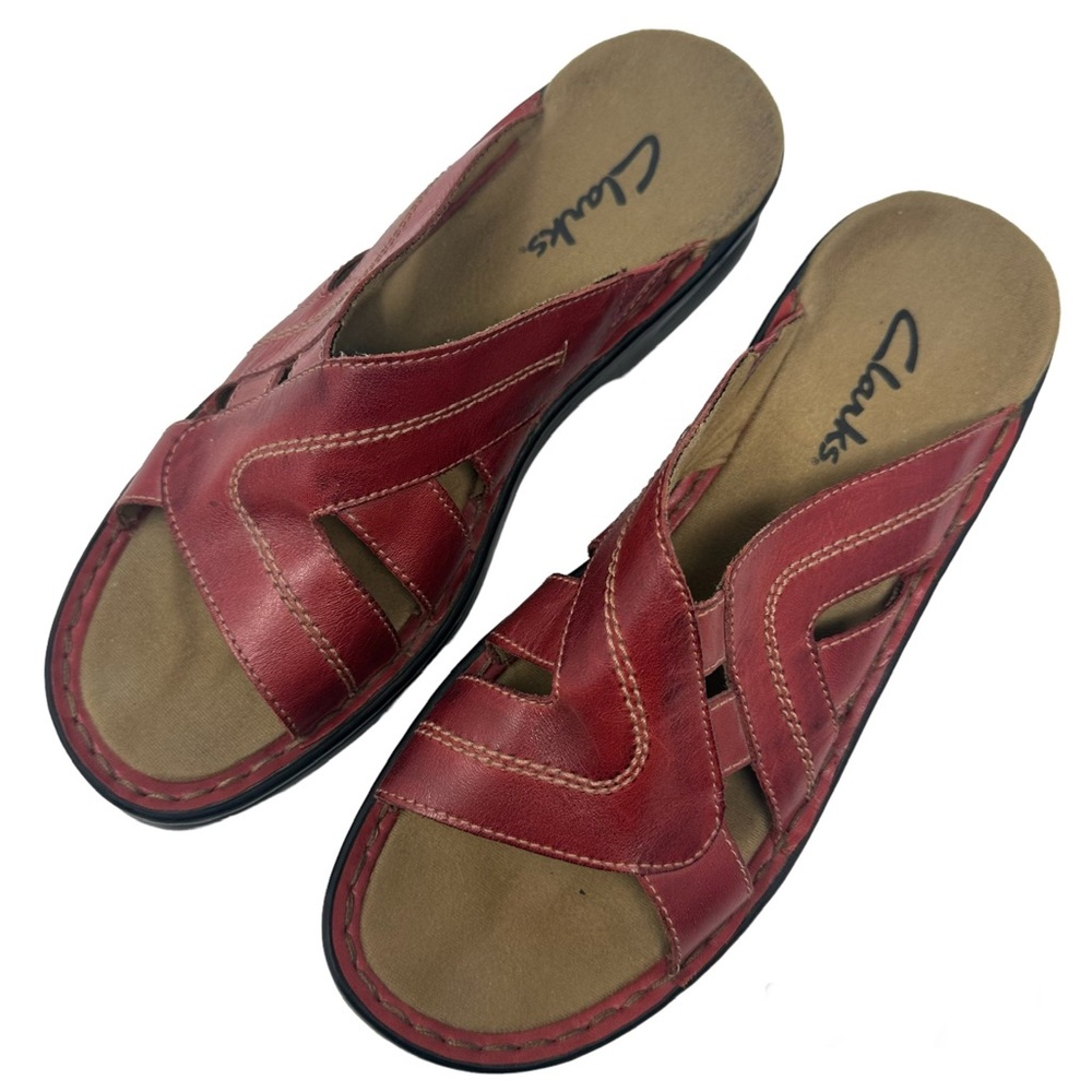 Clarks Womens Red Leather Sandals - Picture 3 of 9